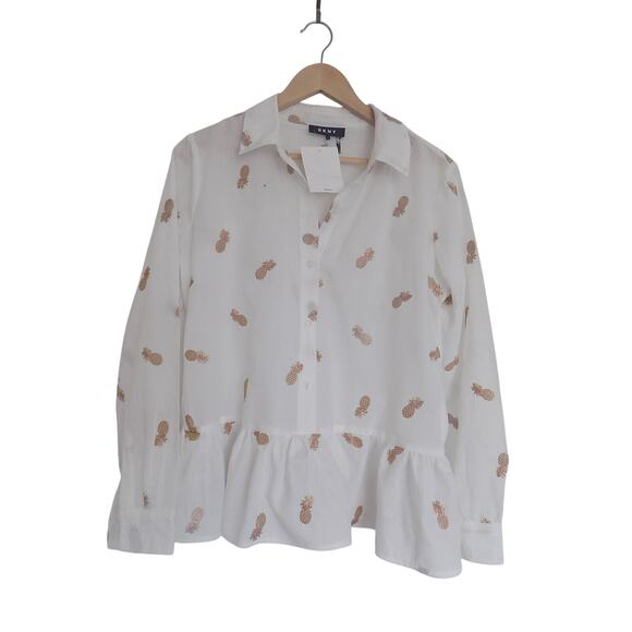 DKNY peplum blouse long sleeve embroidered pineapples size Small NEW - Picture 1 of 12